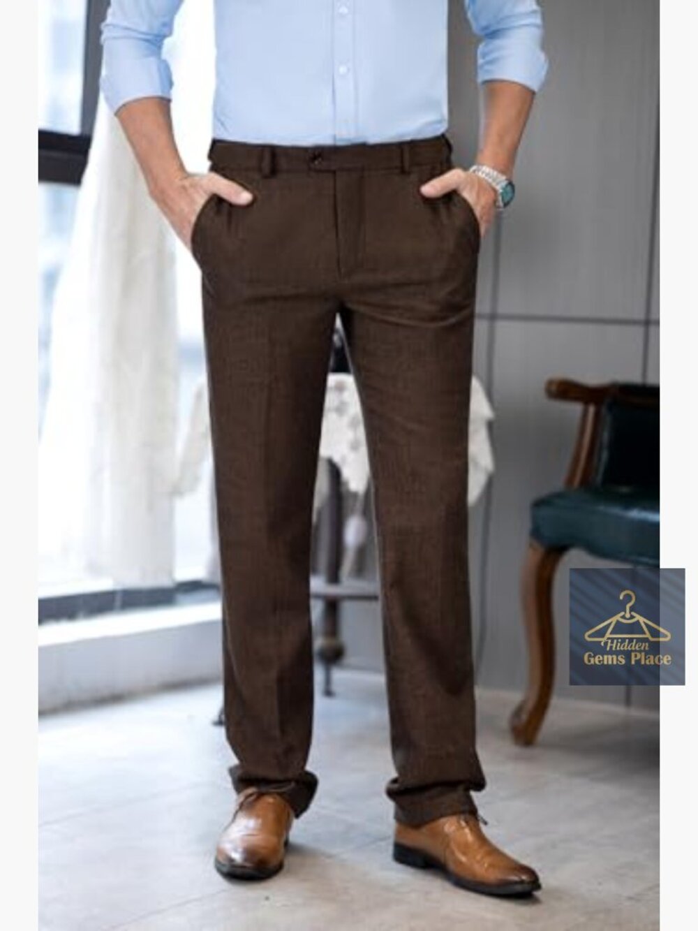 Vintage Tweed Herringbone Dress Pants Regular Fit Men's Slacks Trousers with - Picture 2 of 7